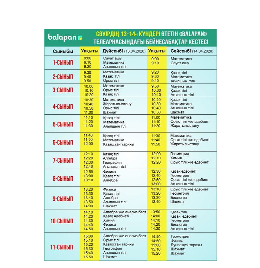 Mektep oqýshylaryna 13-14 sáýirge arnalǵan beınesabaqtar kestesi