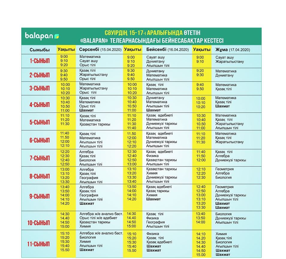 Mektep oqýshylaryna 15 – 17-i sáýirge arnalǵan beınesabaqtar kestesi