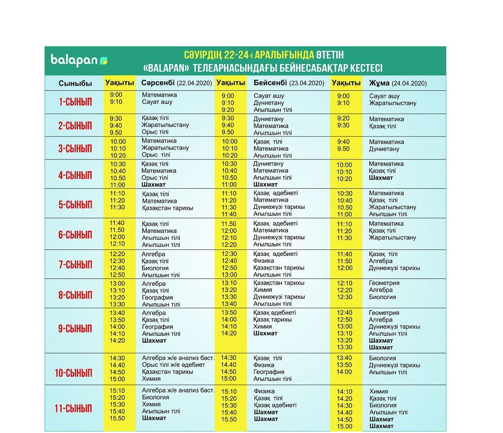 Mektep oqýshylaryna 22-24 sáýirge arnalǵan beınesabaqtar kestesi