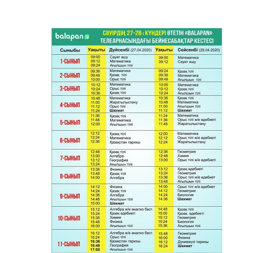 Mektep oqýshylaryna 27-28 sáýirge arnalǵan beınesabaqtar kestesi