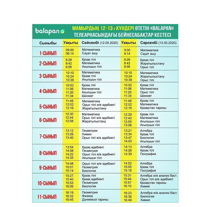 Mektep oqýshylaryna 12-13 mamyrǵa arnalǵan beınesabaqtar kestesi